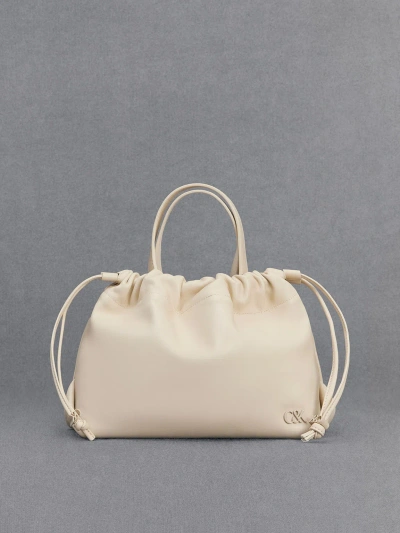 Charles & Keith Leather Ruched Drawstring Bag In Chalk