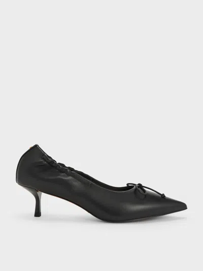 Charles & Keith - Leather Ruched Pointed Kitten Heels In Black