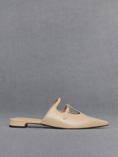 Charles & Keith Leather T-bar Double-strap Mules In Beige