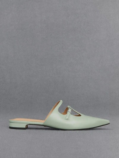 Charles & Keith Leather T-bar Double-strap Mules In Mint Green