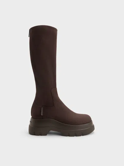 Charles & Keith - Leoi Faux Suede Chunky Knee-high Boots In Brown