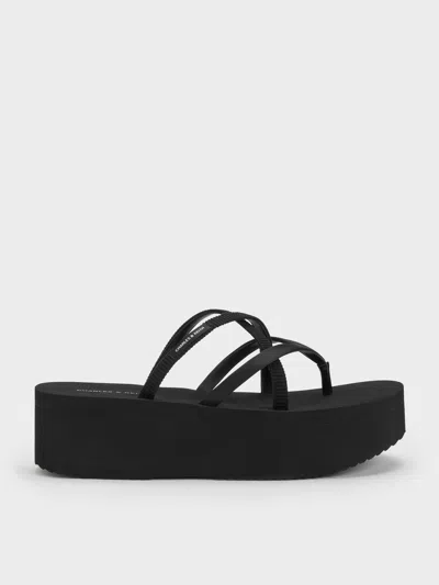 Charles & Keith - Levy Satin Strappy Flatform Sandals In Black