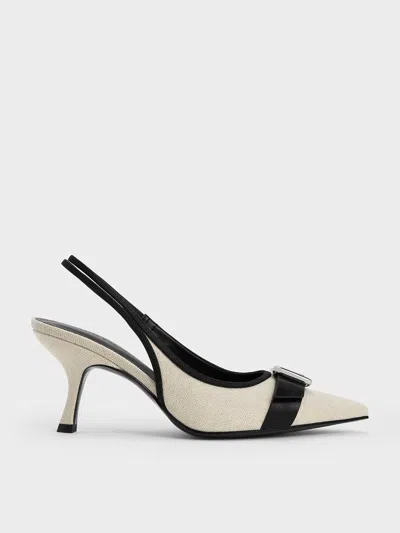 Charles & Keith Linen Buckled Pointed-toe Slingback Pumps In Chalk