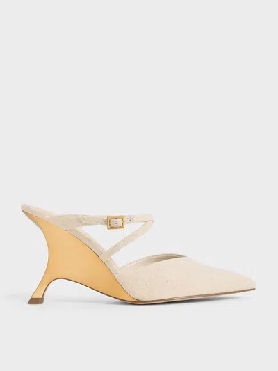 Charles & Keith Linen Crossover-strap Sculptural-heel Wedges In Beige