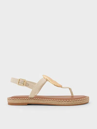 Charles & Keith Linen Metallic Oval Espadrille Sandals In Beige