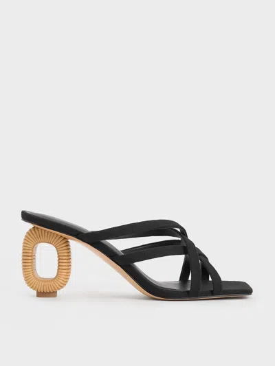 Charles & Keith Linen Sculptural-heel Strappy Mules In Black Textured
