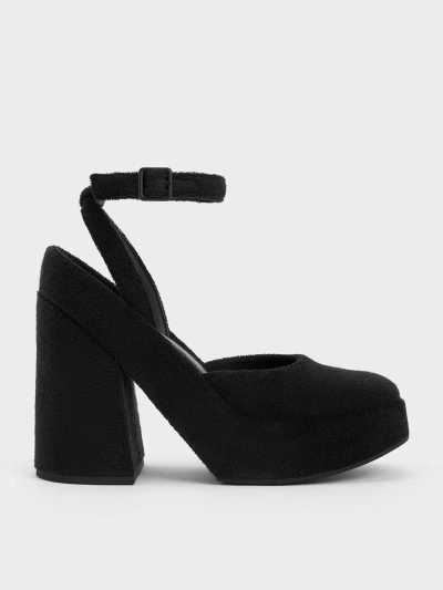 Charles & Keith Loey Ankle-strap Platform Pumps In Black Textured