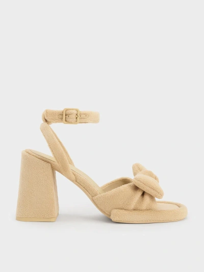Charles & Keith Loey Textured Bow Ankle-strap Sandals In Beige