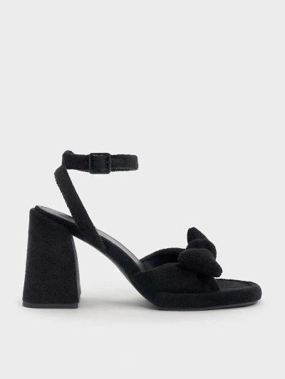 Charles & Keith Loey Textured Bow Ankle-strap Sandals In Black Textured