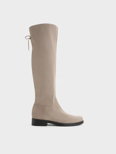 Charles & Keith - Louisa Faux Suede Fold-over Thigh-high Boots In Neutral