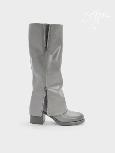 Charles & Keith - Louise Burnished Knee-high Boots In Light Grey