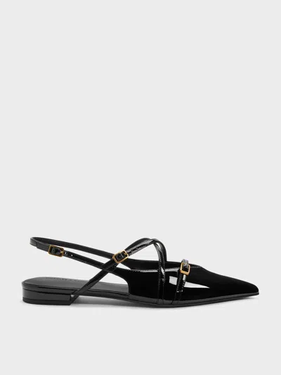 Charles & Keith - Maybelle Patent Strappy Slingback Flats In Black