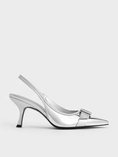 Charles & Keith Metallic Buckled Pointed-toe Slingback Pumps In Silver