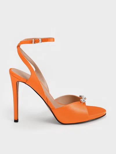 Charles & Keith Metallic Gem-encrusted Ankle Strap Sandals In Orange