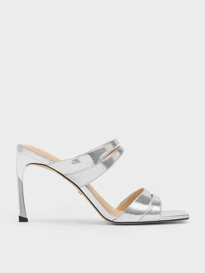 Charles & Keith Metallic Leather Double-strap Heeled Mules In Silver