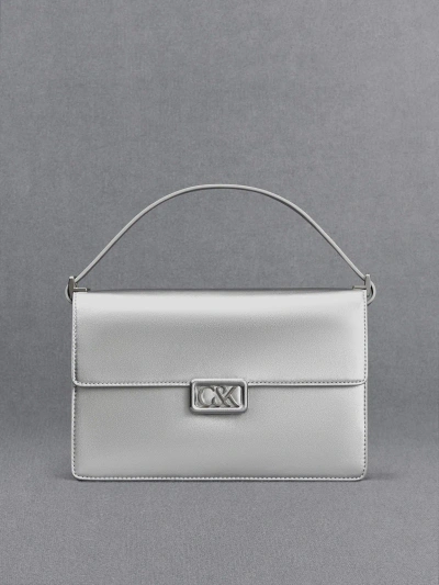 Charles & Keith Metallic Leather Shoulder Bag In Silver