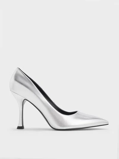 Charles & Keith Metallic Pointed-toe Spool-heel Pumps In Silver