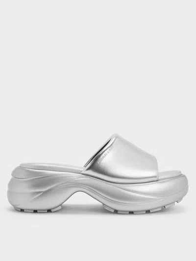 Charles & Keith Metallic Wide-strap Curved Platform Sports Sandals In Silver