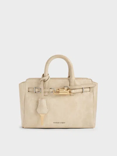 Charles & Keith - Mini Delfina Belted Tote Bag In Sand