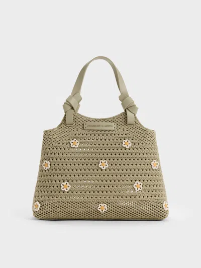 Charles & Keith - Mini Ida Flower Knitted Tote Bag In Green
