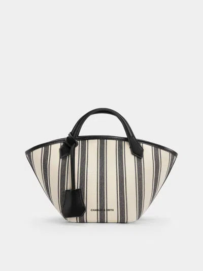 Charles & Keith - Mini Ivanna Canvas Striped Tote Bag In Black