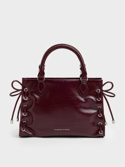 Charles & Keith - Mini Nylah Grommet Lace-up Tote Bag In Wineberry Red