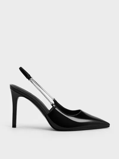 Charles & Keith Patent Chain-link Pointed-toe Slingback Pumps In Black Patent