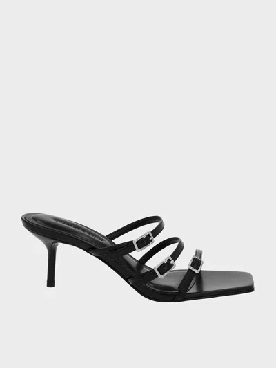 Charles & Keith Patent Crystal-buckle Heeled Mules In Black Patent