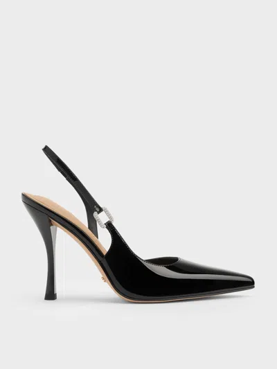 Charles & Keith - Patent Leather Crystal-buckle Slingback Pumps In Black