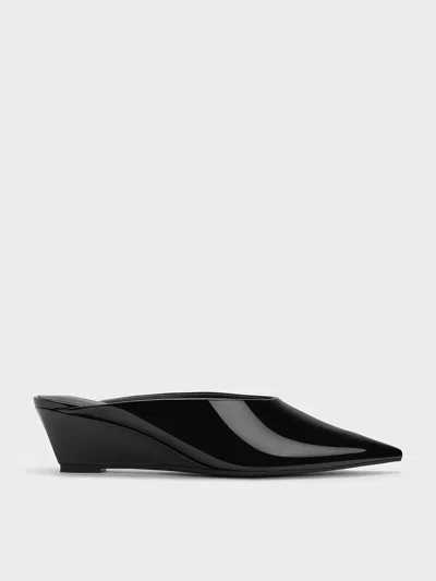 Charles & Keith Patent Pointed-toe Wedge Mules In Black Patent