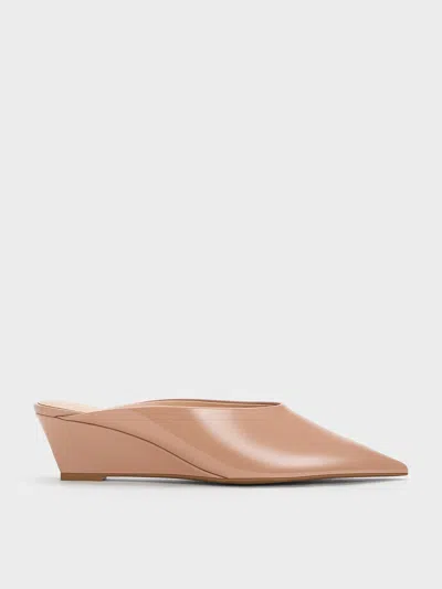 Charles & Keith Patent Pointed-toe Wedge Mules In Nude