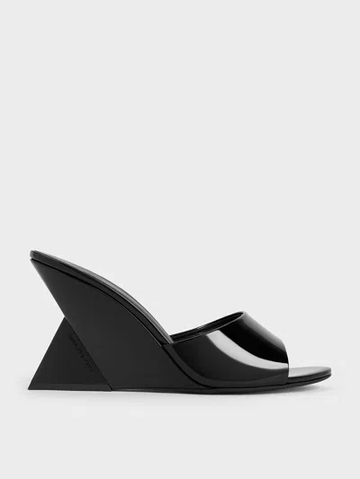 Charles & Keith Patent Triangle-heel Wedge Mules In Black Patent