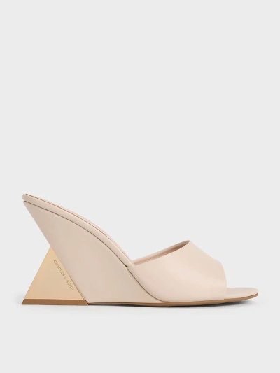 Charles & Keith Patent Triangle-heel Wedge Mules In Cream