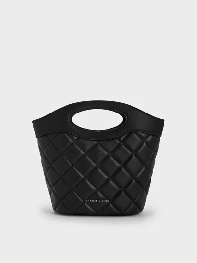 Charles & Keith Quilted Chain-link Curved-handle Bucket Bag In Black