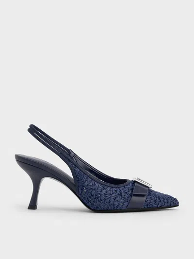 Charles & Keith Raffia Buckled Pointed-toe Slingback Pumps In Dark Blue
