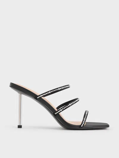 Charles & Keith Recycled Polyester Crystal-embellished Strappy Mules In Black Textured