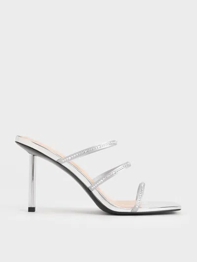 Charles & Keith Recycled Polyester Crystal-embellished Strappy Mules In Silver