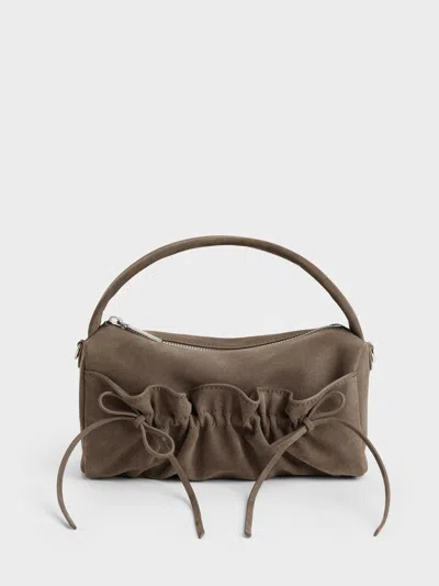 Charles & Keith - Reese Ruched Bow Top Handle Bag In Stone Grey