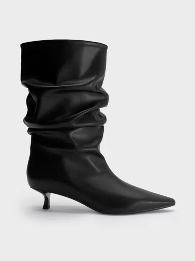 Charles & Keith - Ruched Kitten-heel Calf Boots In Black