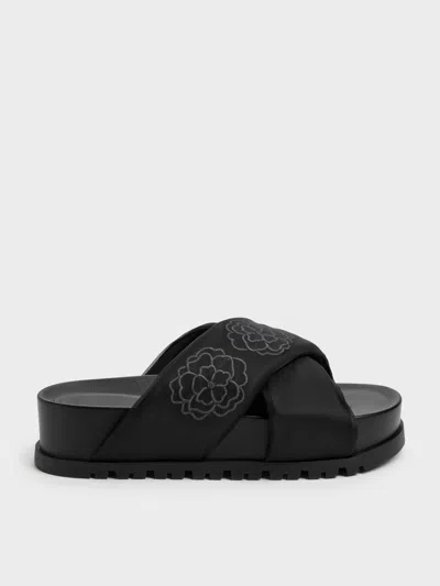 Charles & Keith - Satin Embroidered-flower Crossover Sandals In Black