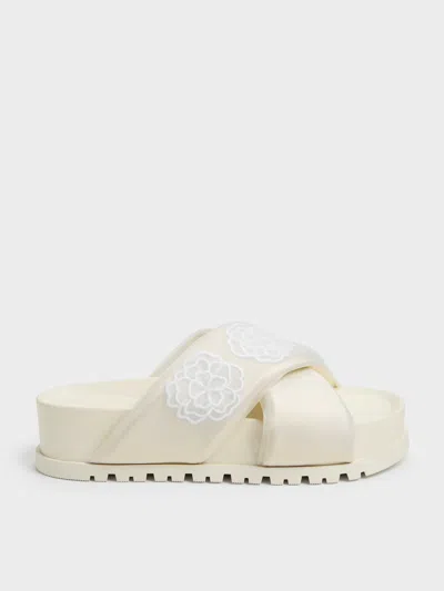 Charles & Keith - Satin Embroidered-flower Crossover Sandals In Metallic