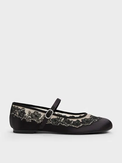 Charles & Keith - Satin Embroidered-mesh Mary Jane Flats In Black