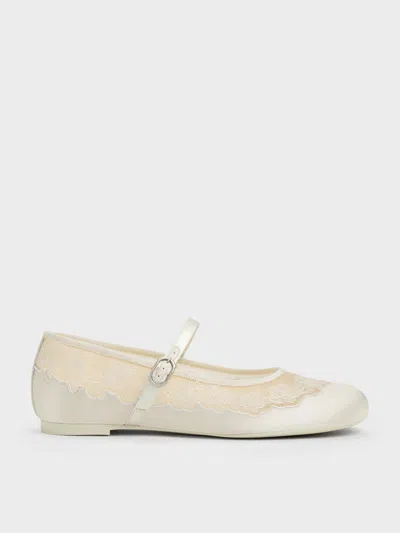Charles & Keith - Satin Embroidered-mesh Mary Jane Flats In Neutral