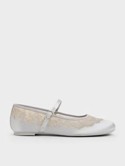 Charles & Keith - Satin Embroidered-mesh Mary Jane Flats In Silver