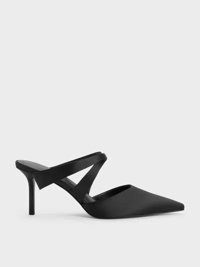 Charles & Keith - Satin Pleated-strap Heeled Mules In Black