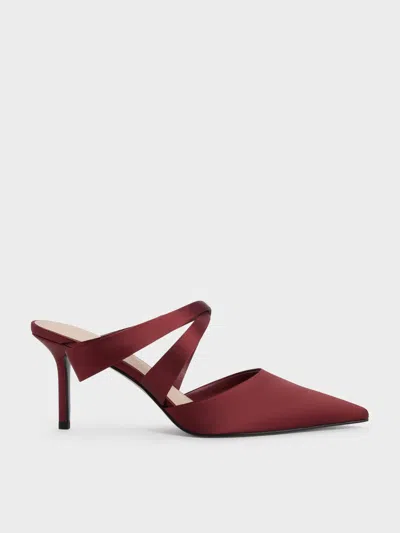 Charles & Keith - Satin Pleated-strap Heeled Mules In Burgundy