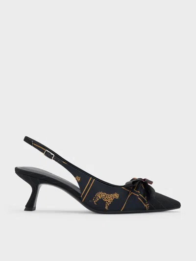 Charles & Keith - Satin Printed-bow Pointed Slingback Pumps In Black
