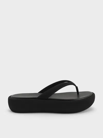 Charles & Keith - Satin Thong Flatform Sandals In Black