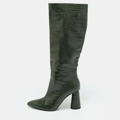 Pre-owned Charles & Keith Size 40 Green Croc Embossed Leather Knee Length Boots