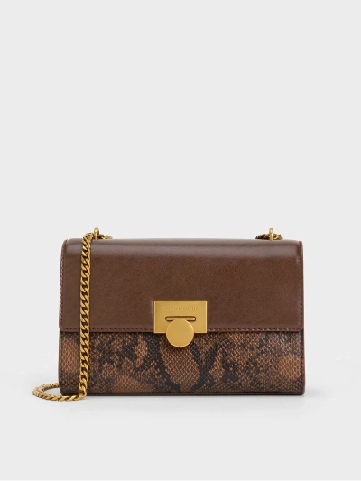 Charles & Keith Snake Print Chain-strap Bag In Brown
